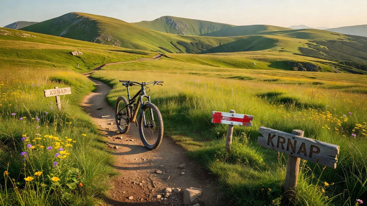 Dřevěné cyklistické značky KRNAP u horské cesty na krkonošské louce