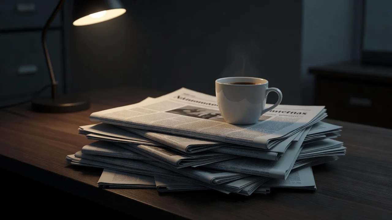 Cięte światło neonów nad nowoczesnym biurkiem redakcyjnym