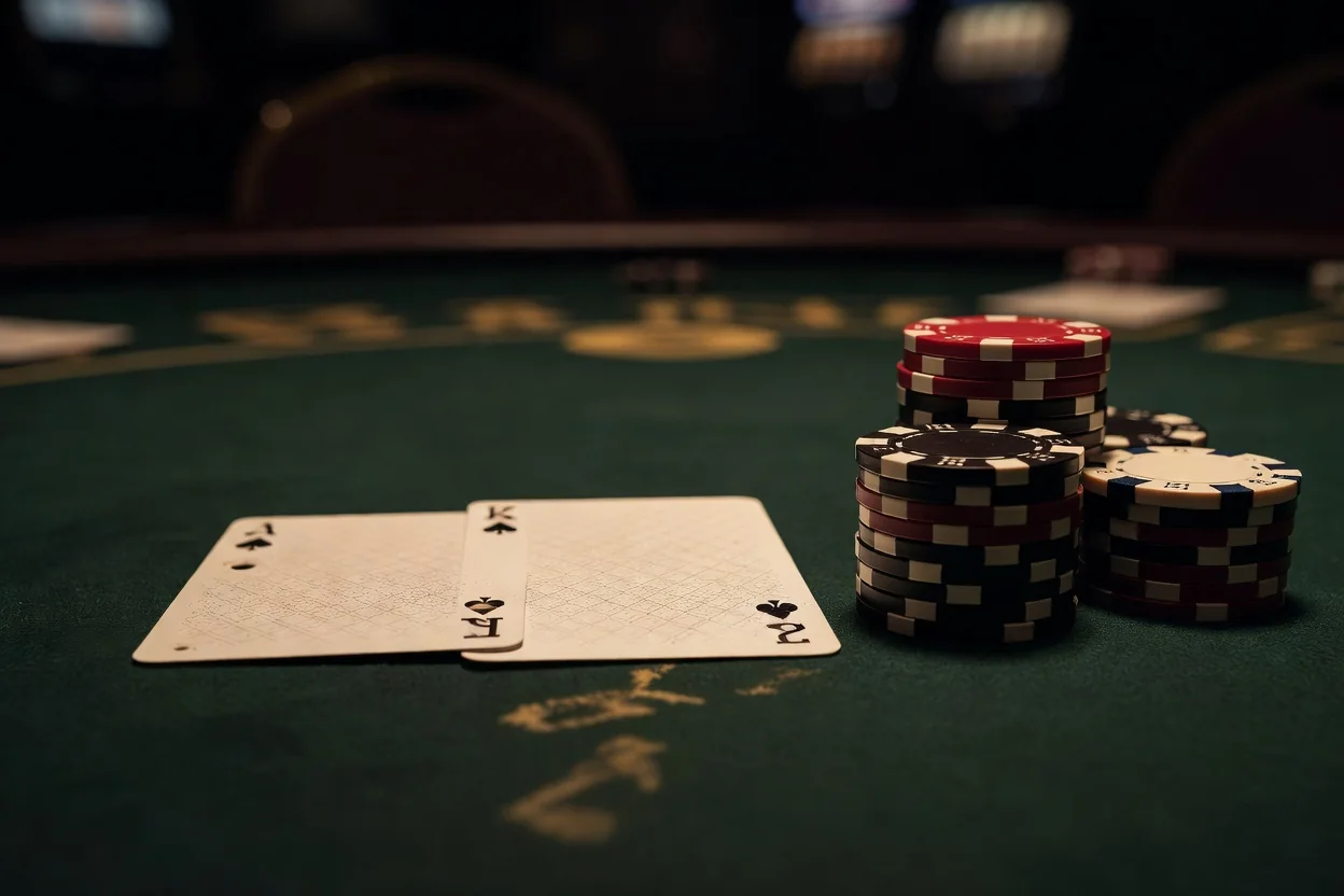 Poker online — żetony i karty przy stole