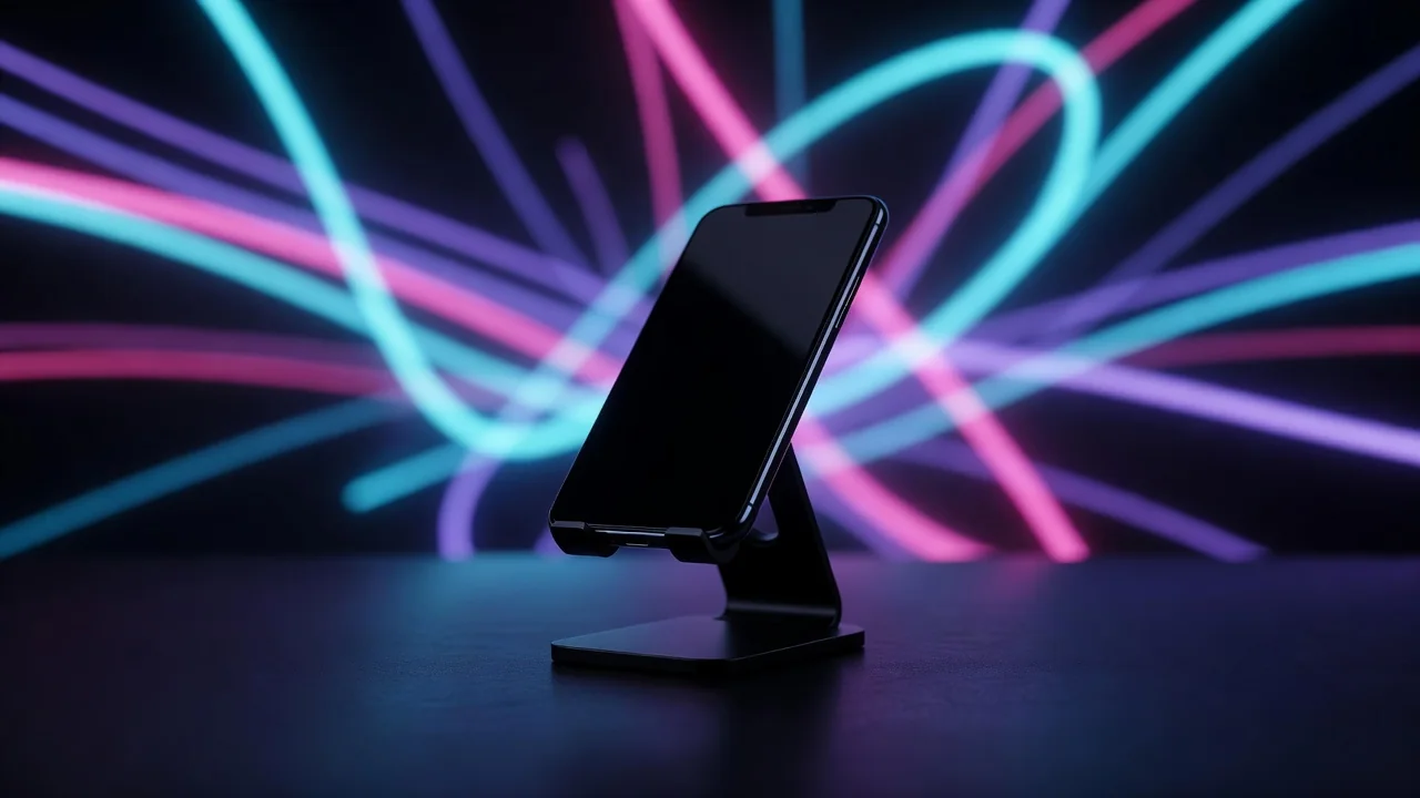 Smartfon na ciemnym stole w poświacie niebieskiej